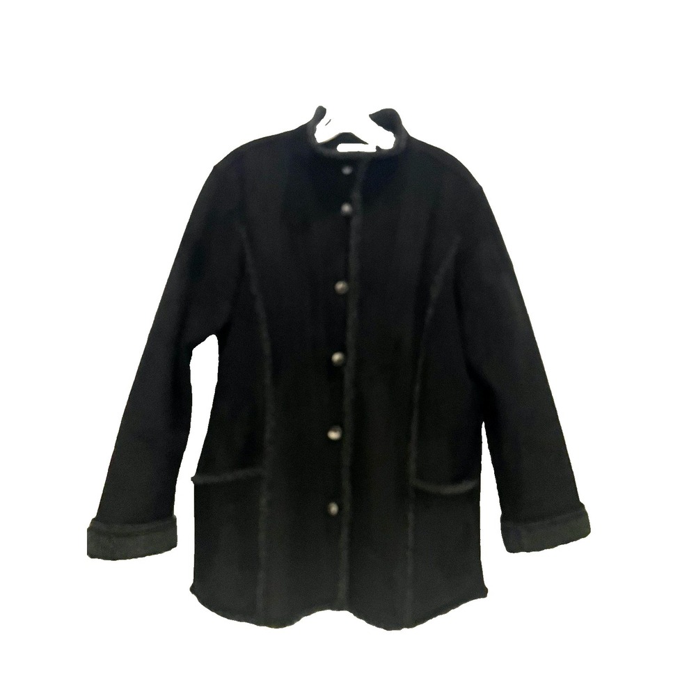 LL Bean Womens Faux Suede Coat Sherling Sherpa Lined Black Jacket Buttoned Large
